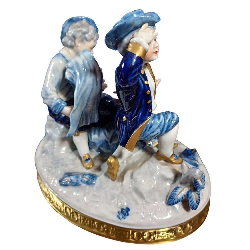 Volkstedt Sommeil Baroque Traveler Figurine Group Sculpture Cobalt Blue Gold Vtg - Picture 10 of 15